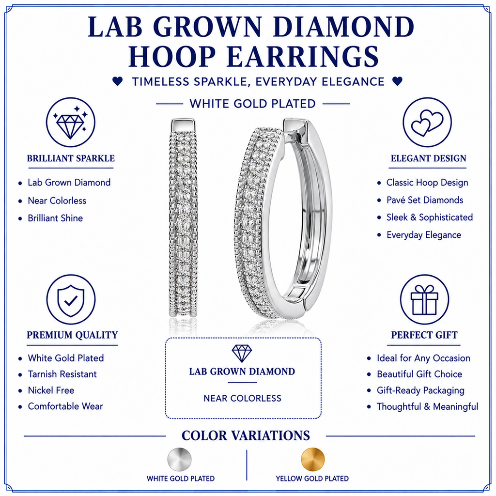 JeenMata Lab Grown Diamond Hoop Earrings - Round Cut Classic Earrings in White Gold Plating for Women