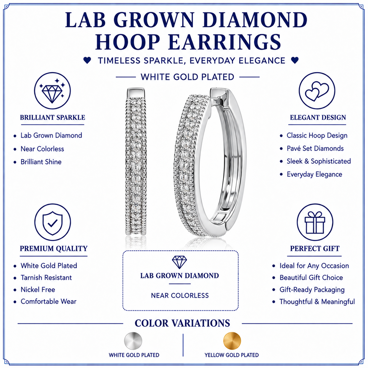 JeenMata Lab Grown Diamond Hoop Earrings - Round Cut Classic Earrings in White Gold Plating for Women