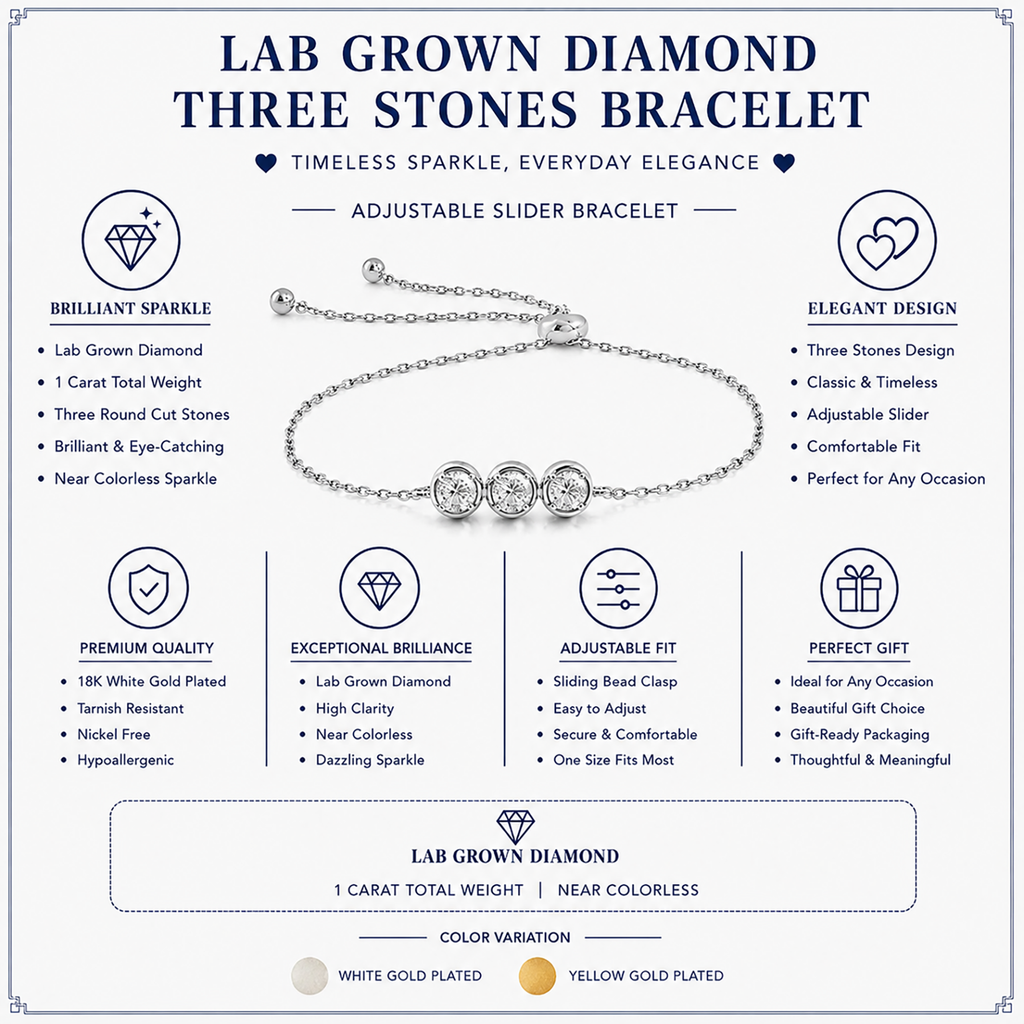 JeenMata Lab Grown Diamond Three Stones Bracelet - Adjustable Slider White Gold Plating Bracelet for Women