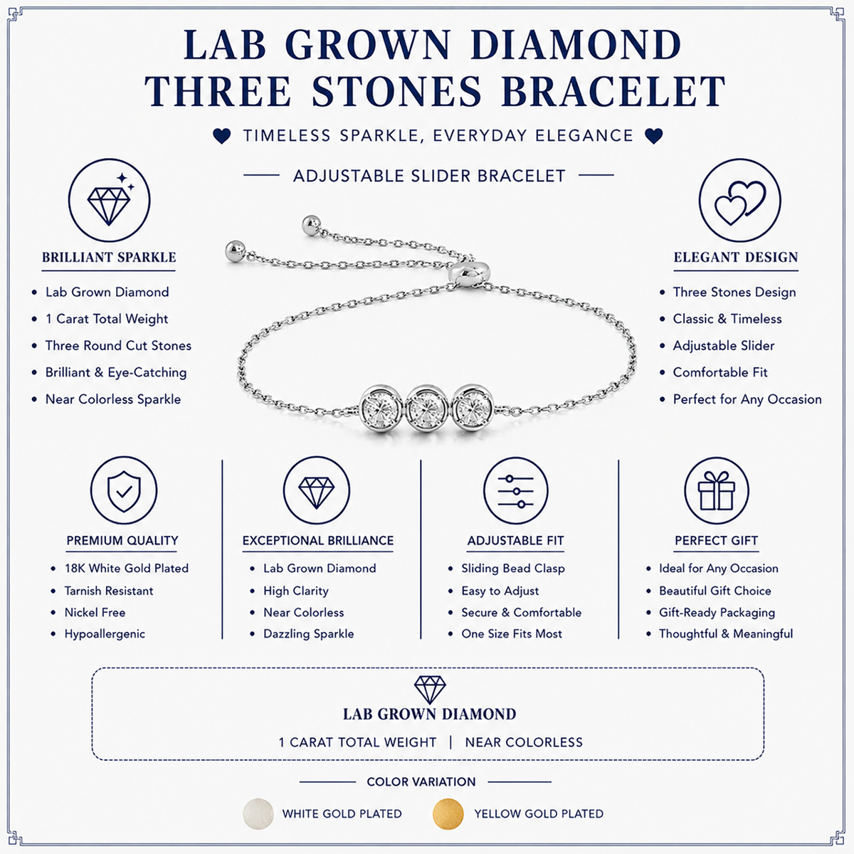 JeenMata Lab Grown Diamond Three Stones Bracelet - Adjustable Slider White Gold Plating Bracelet for Women