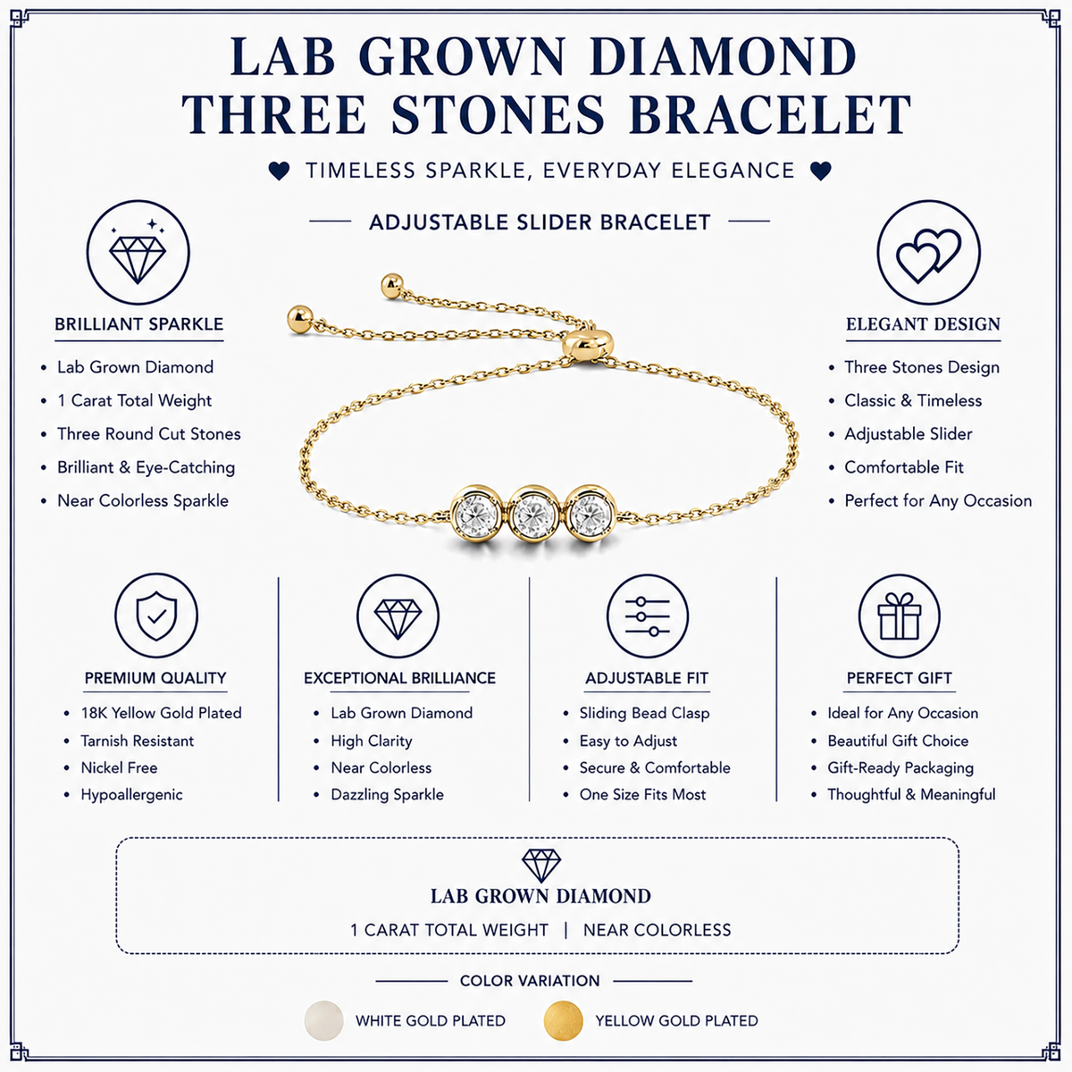 JeenMata Lab Grown Diamond Three Stones Bracelet - Adjustable Slider Yellow Gold Plating Bracelet for Women