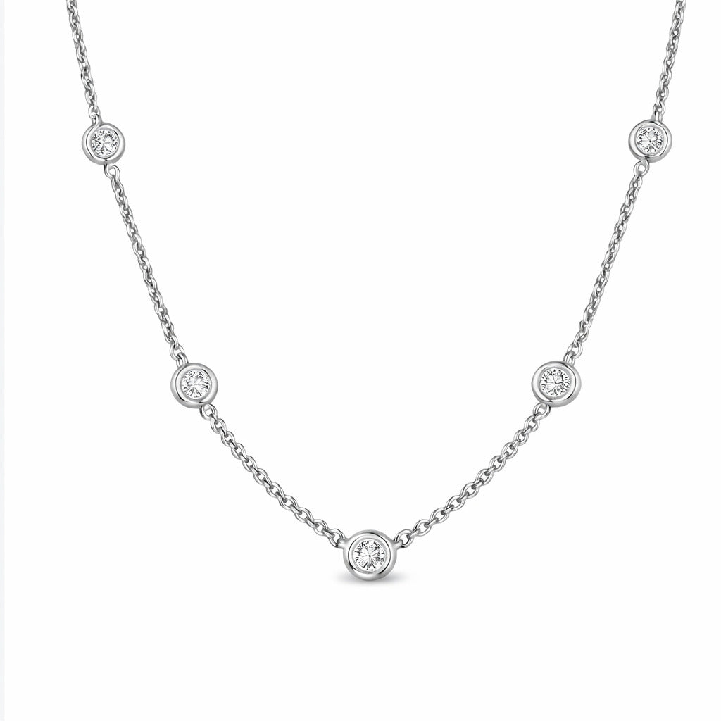 JeenMata Five Stone Lab Grown Diamond Bezel Station Necklace for Women 18K White Gold Plating for Women