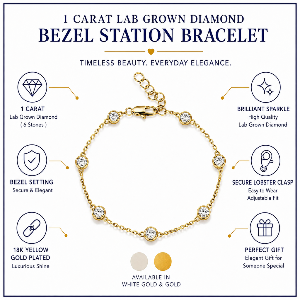 JeenMata 1 Carat Lab Grown Diamond Bezel Station Bracelets - Elegant Gift Jewelry Bracelet in 18K Yellow Gold Plating Gift for Women, Girlfriend
