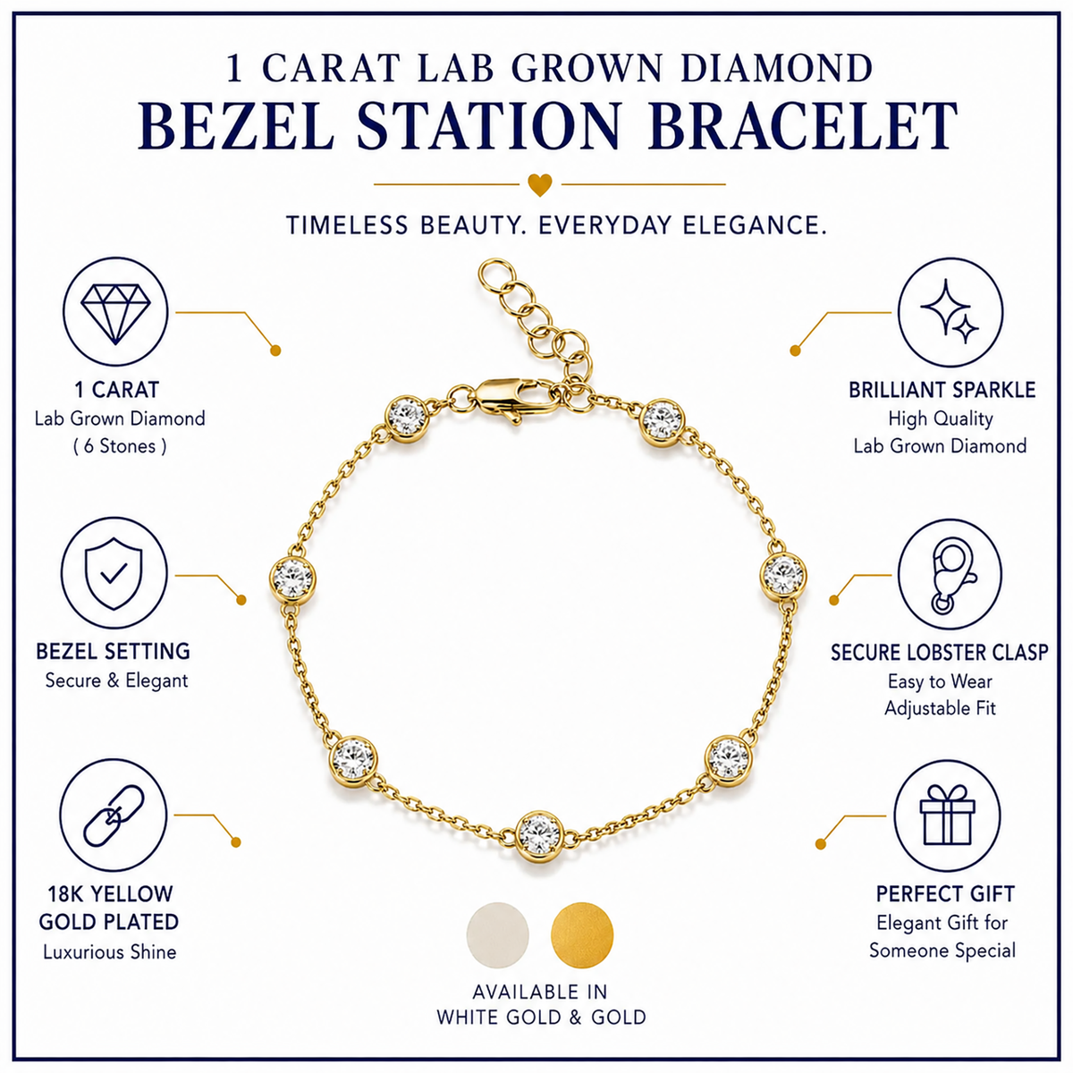 JeenMata 1 Carat Lab Grown Diamond Bezel Station Bracelets - Elegant Gift Jewelry Bracelet in 18K Yellow Gold Plating Gift for Women, Girlfriend