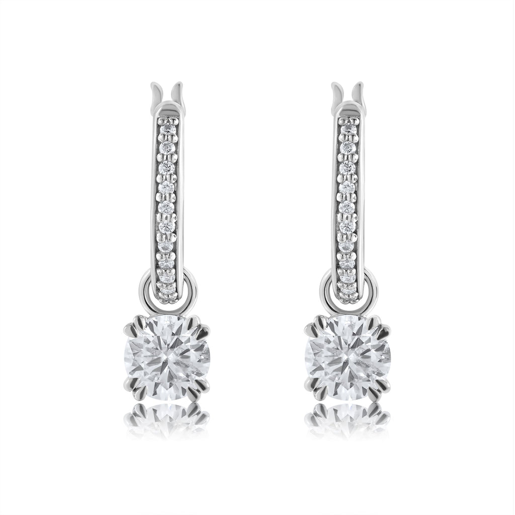 JeenMata 1 Carat Round Cut Lab Grown Diamond Dangle Drop Earrings in 18K White Gold Over Silver