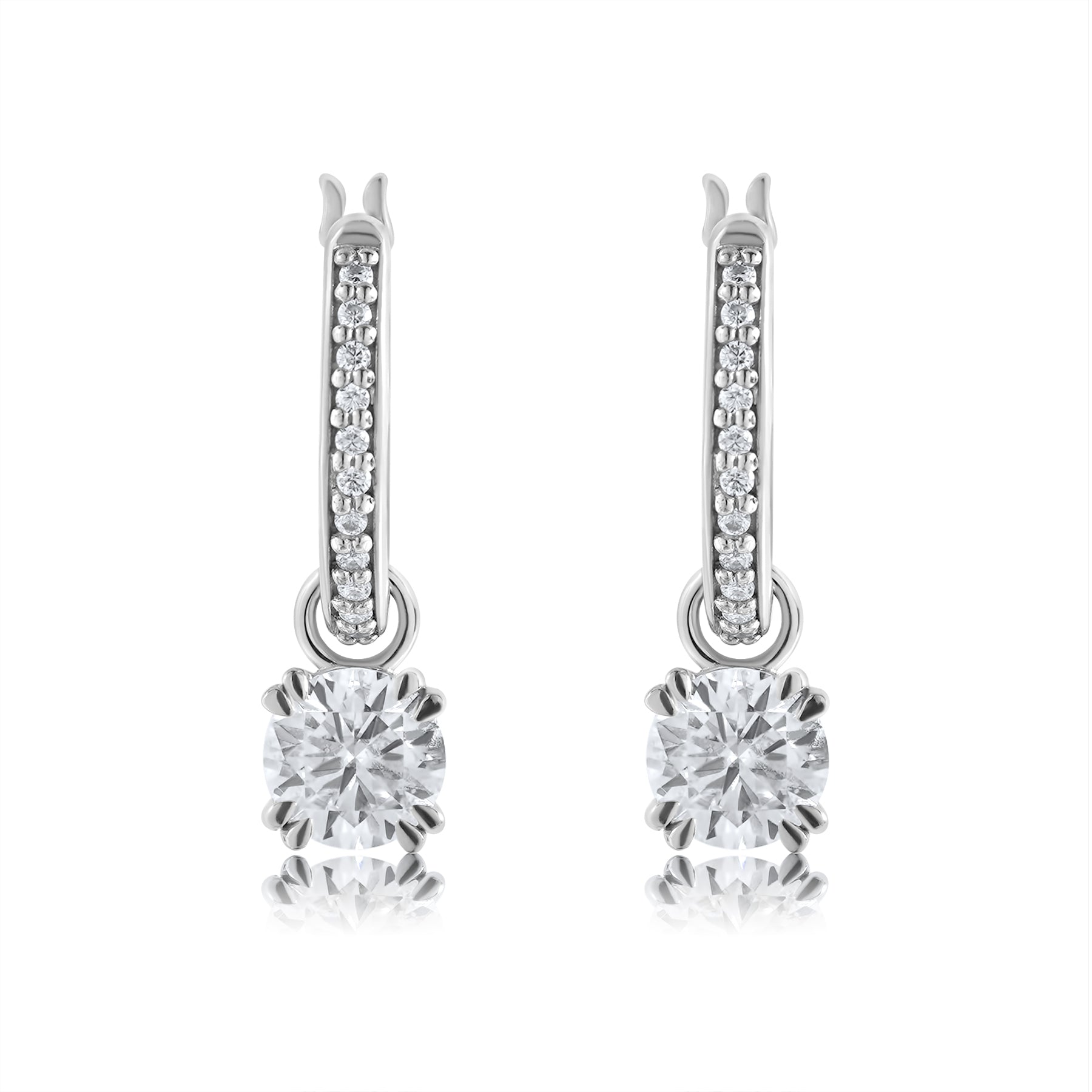 JeenMata 1 Carat Round Cut Lab Grown Diamond Dangle Drop Earrings in 18K White Gold Over Silver