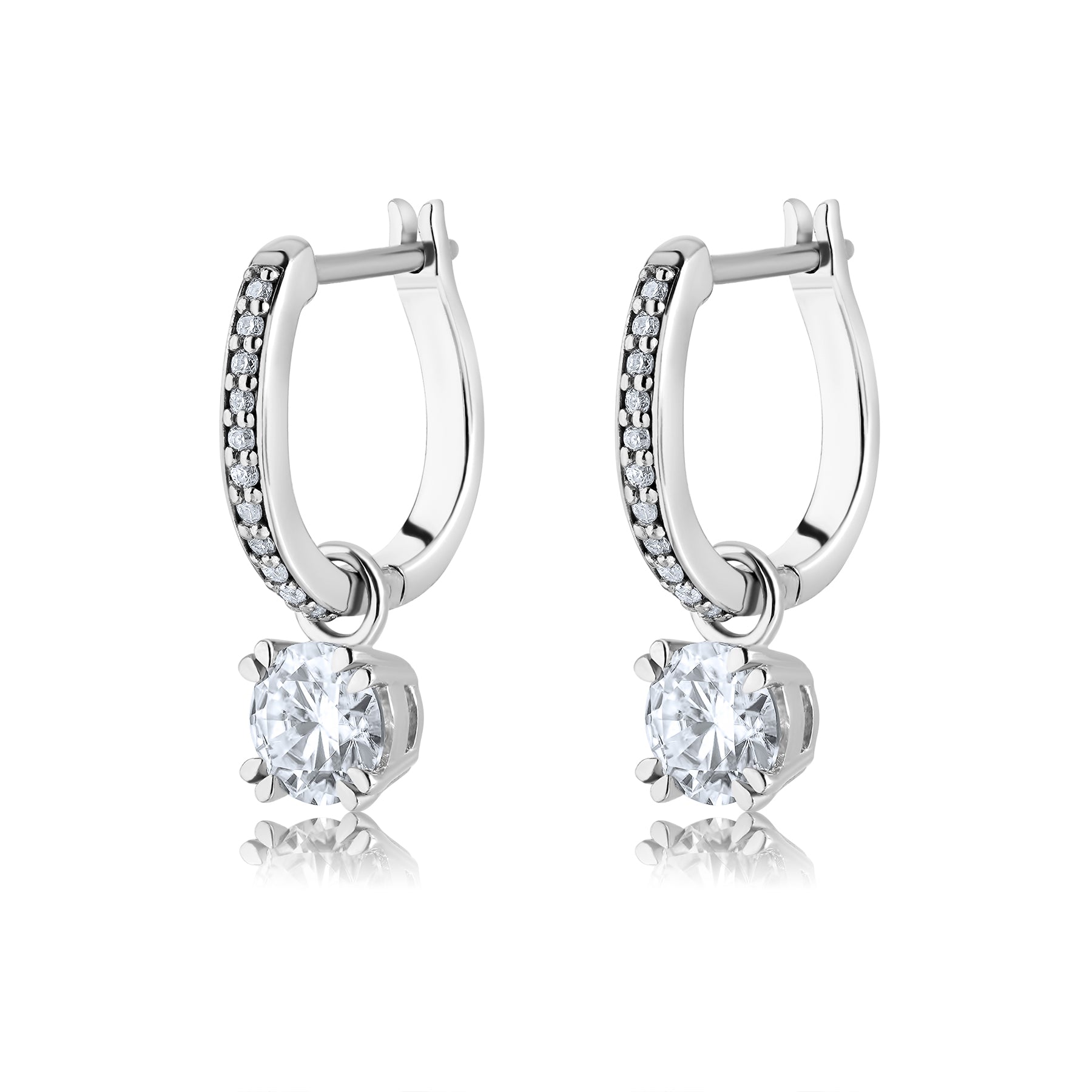 JeenMata 1 Carat Round Cut Lab Grown Diamond Dangle Drop Earrings in 18K White Gold Over Silver