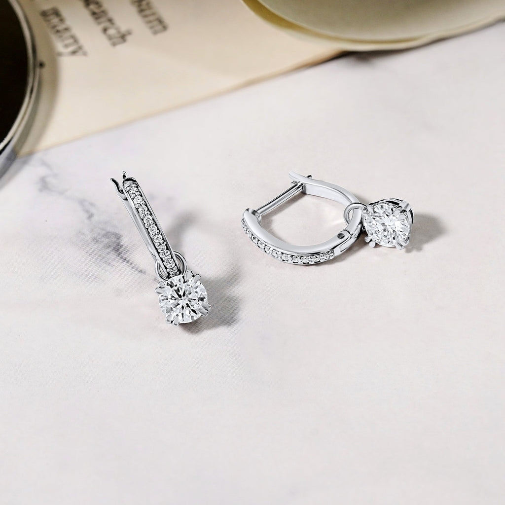 JeenMata 1 Carat Round Cut Lab Grown Diamond Dangle Drop Earrings in 18K White Gold Over Silver