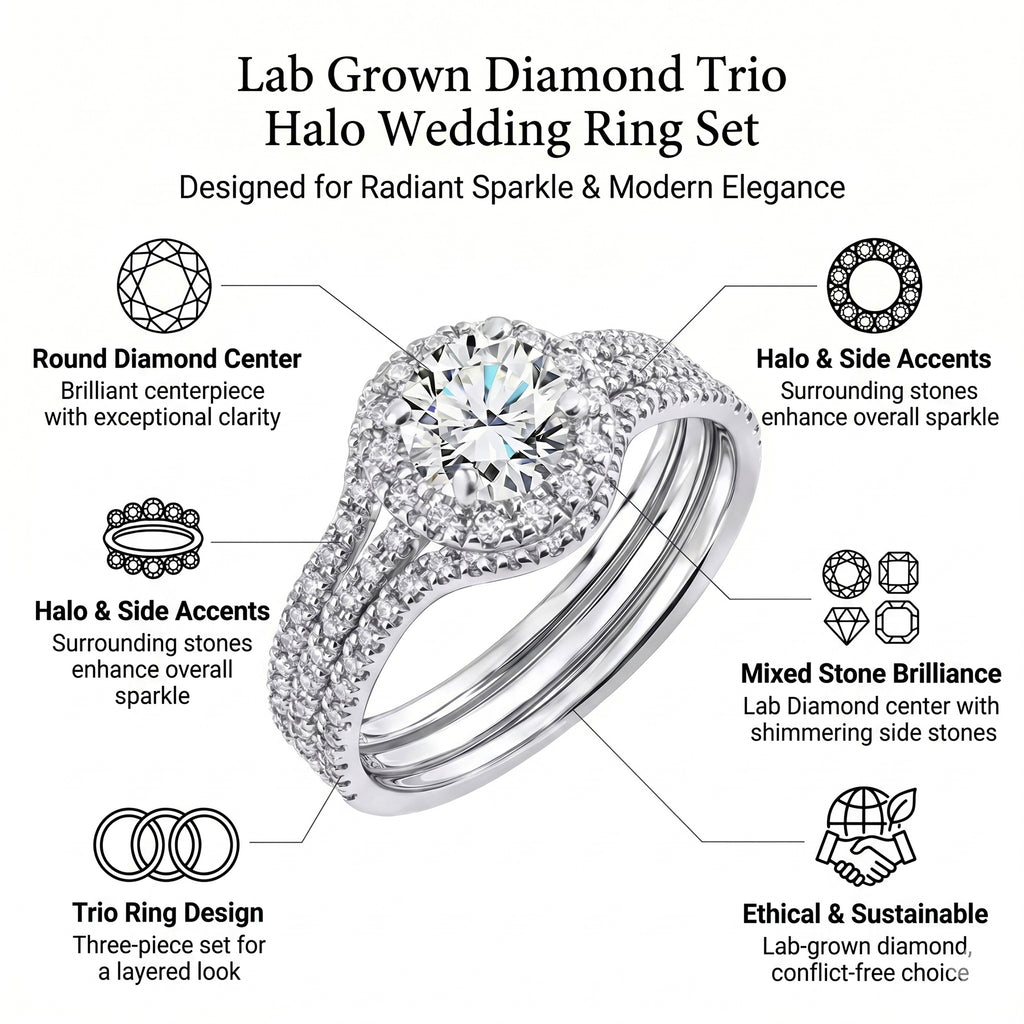 JeenMata 1 Carat Lab Grown Diamond Trio Wedding Ring Set - Round Cut Halo Statement Ring in 18K White Gold Plating for Women