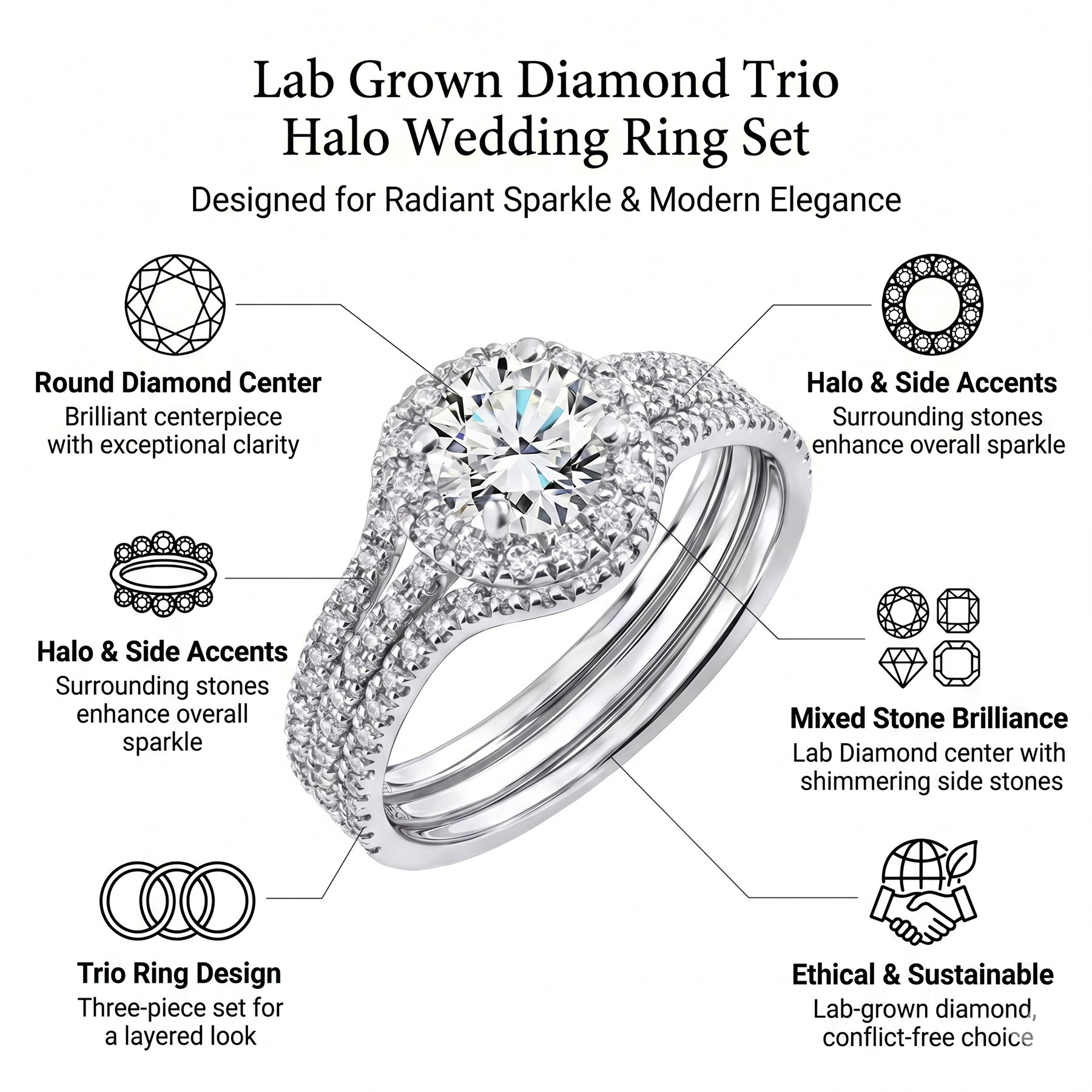 JeenMata 1 Carat Lab Grown Diamond Trio Wedding Ring Set - Round Cut Halo Statement Ring in 18K White Gold Plating for Women