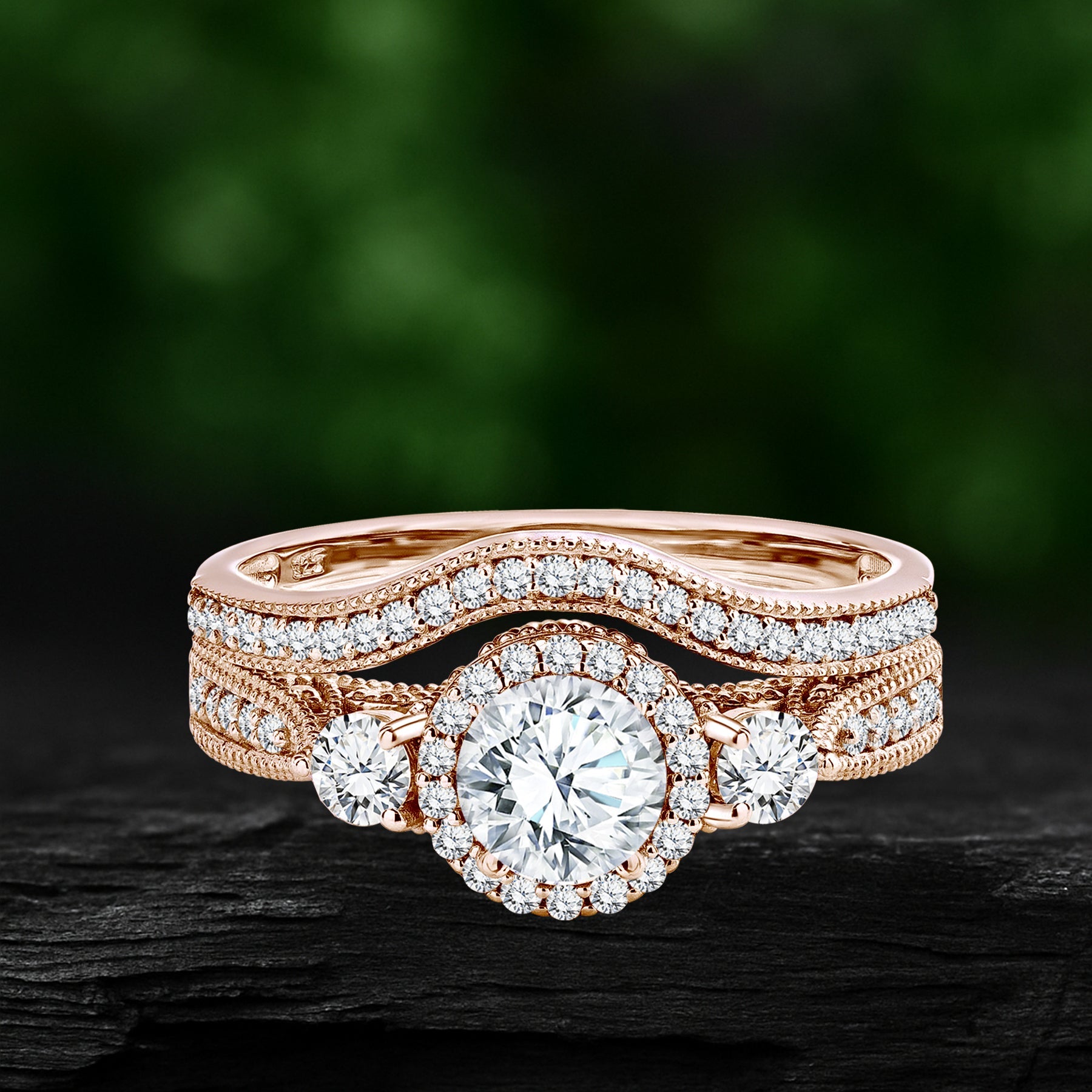 Certified 1.45 Ct Round Lab Diamond  -  Vintage Accent Bridal Set