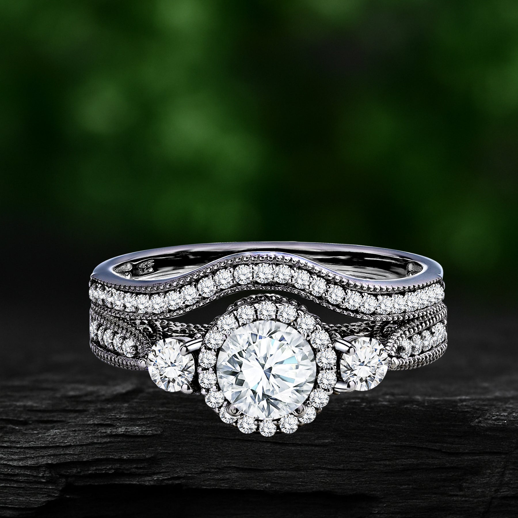 Certified 1.45 Ct Round Lab Diamond  -  Vintage Accent Bridal Set