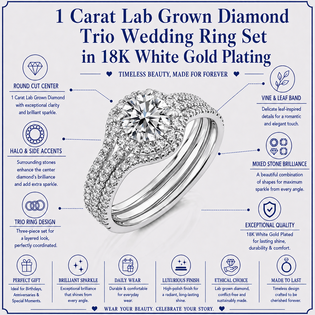 JeenMata 1 Carat Lab Grown Diamond Trio Wedding Ring Set - Round Cut Halo Statement Ring in 18K White Gold Plating for Women