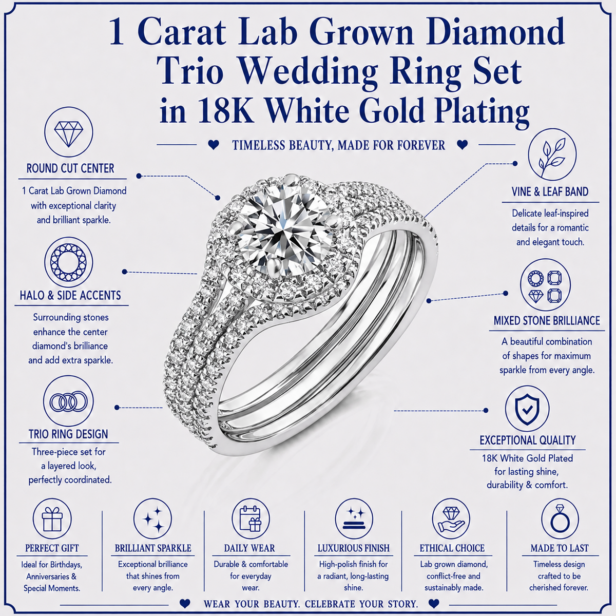 JeenMata 1 Carat Lab Grown Diamond Trio Wedding Ring Set - Round Cut Halo Statement Ring in 18K White Gold Plating for Women