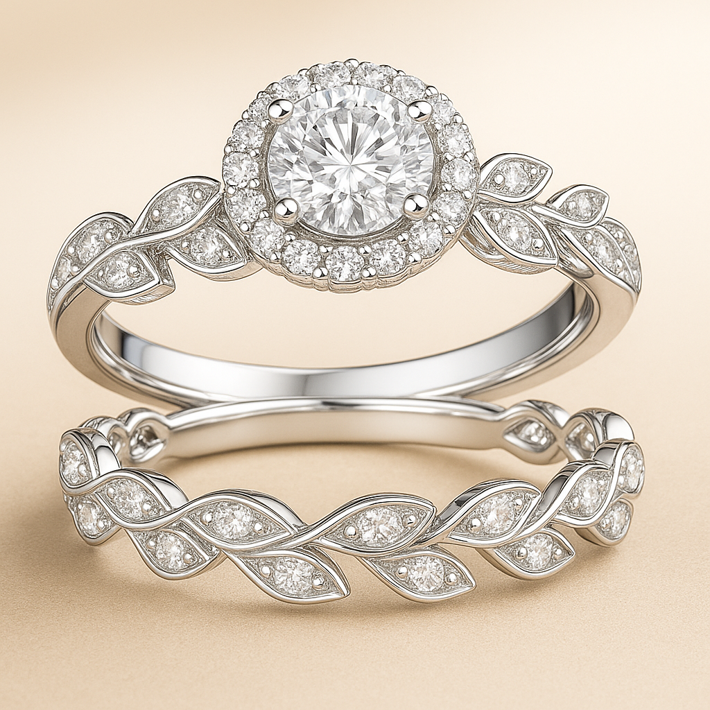 Vintage Leaf 1.60 Ct Round Moissanite Halo Bridal Set