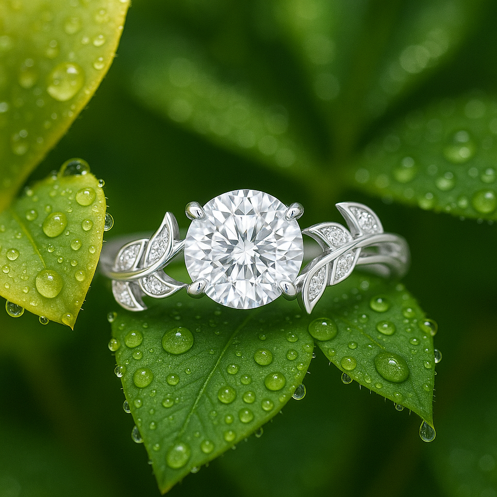 Vine Design 1.05 ct Round Moissanite Leaf Engagement Ring