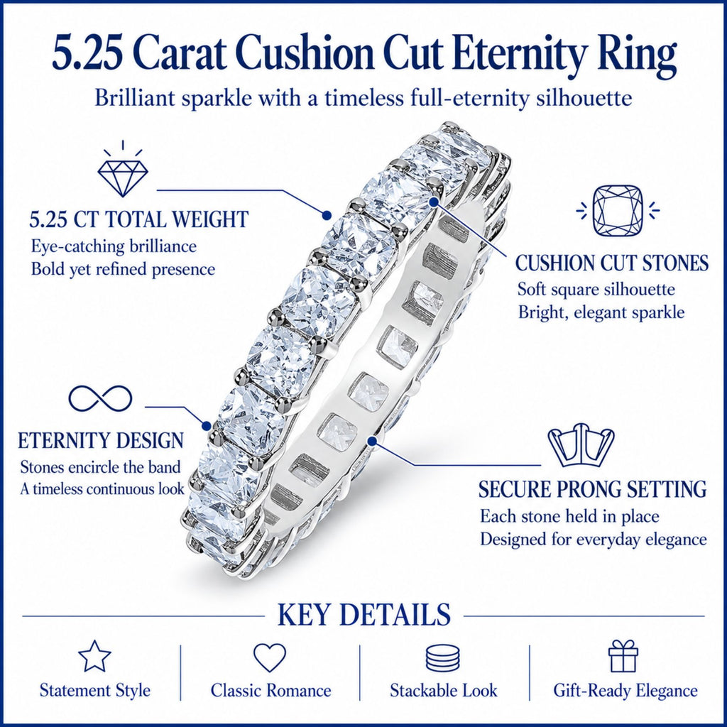 JeenMata 5.25 Carat Cushion Cut Cubic Zirconia Eternity Anniversary Ring - Classic Prong Style Wedding Ring in White Gold Plating for Women