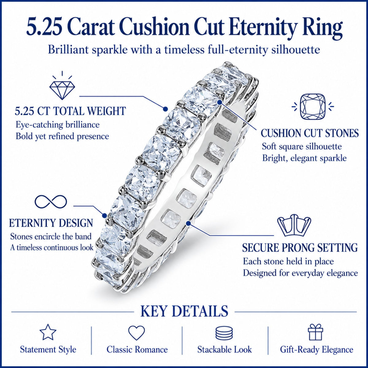 JeenMata 5.25 Carat Cushion Cut Cubic Zirconia Eternity Anniversary Ring - Classic Prong Style Wedding Ring in White Gold Plating for Women
