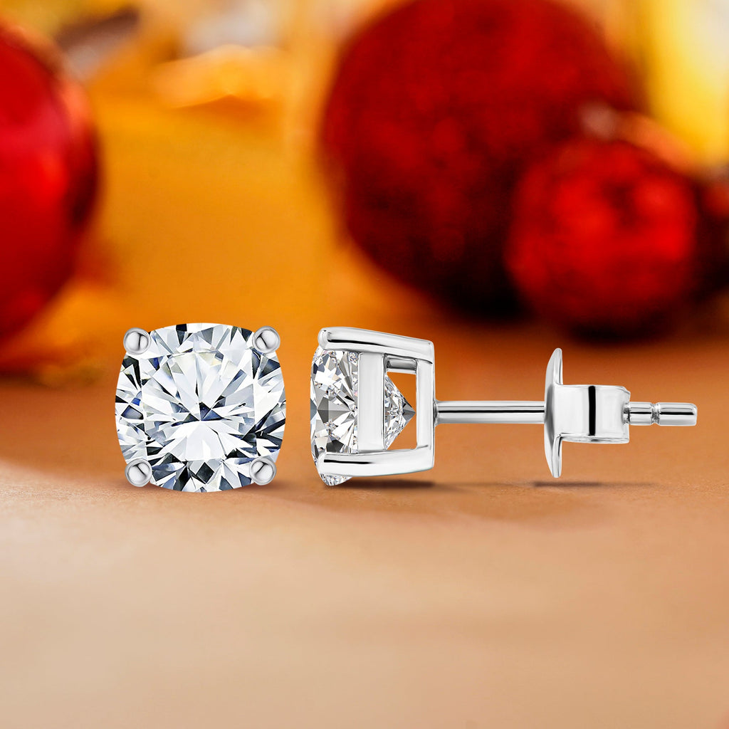 JeenMata 2 Carat Cushion Cut Moissanite 4 Prong Solitaire Stud Earrings in 18k Yellow Gold Plating for Women