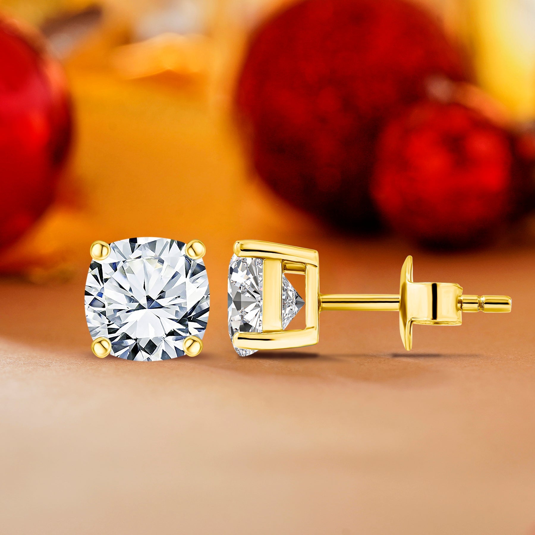 JeenMata 4 Prong - 1 Carat Cushion Cut Moissanite - Solitaire Stud Earrings in 18k Yellow Gold Plating for Women