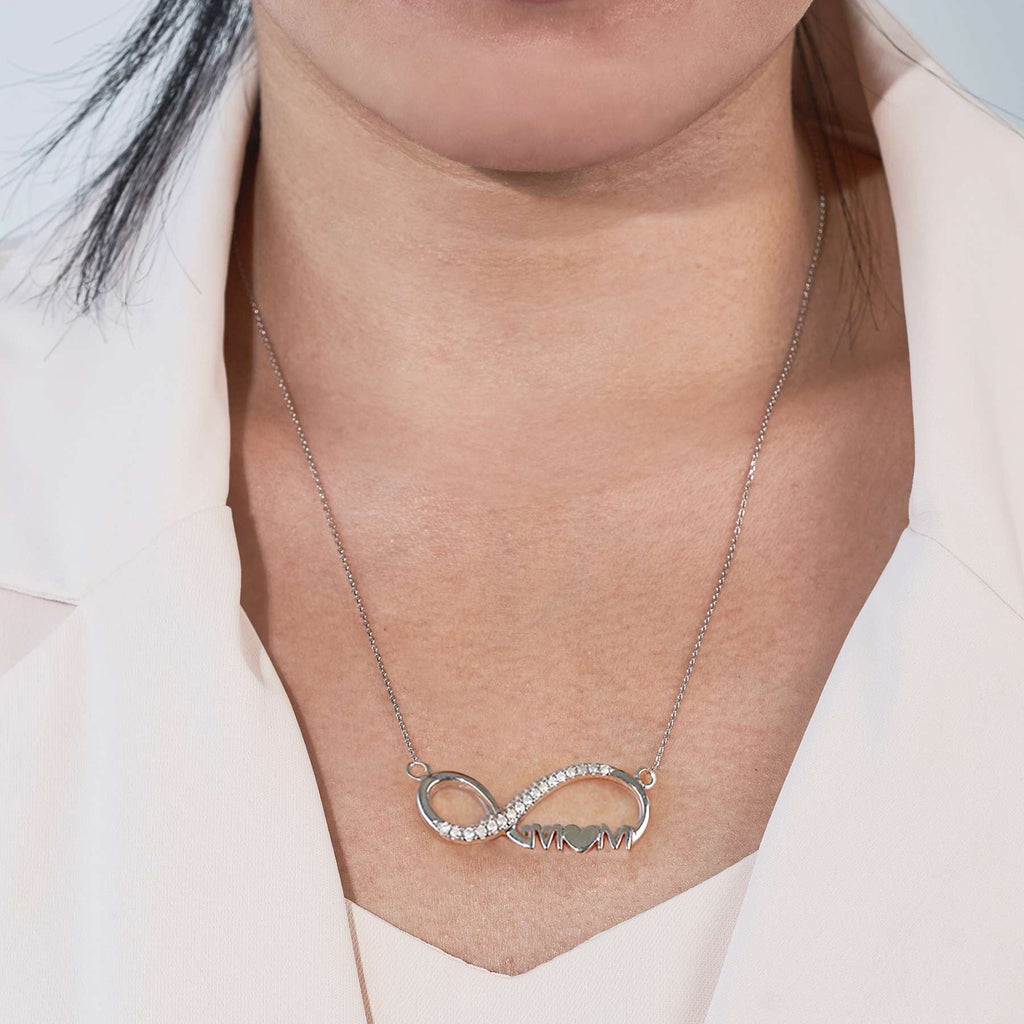 JeenMata Infinity Mom Moissanite Pendant Necklace in 18K White Gold over Silver