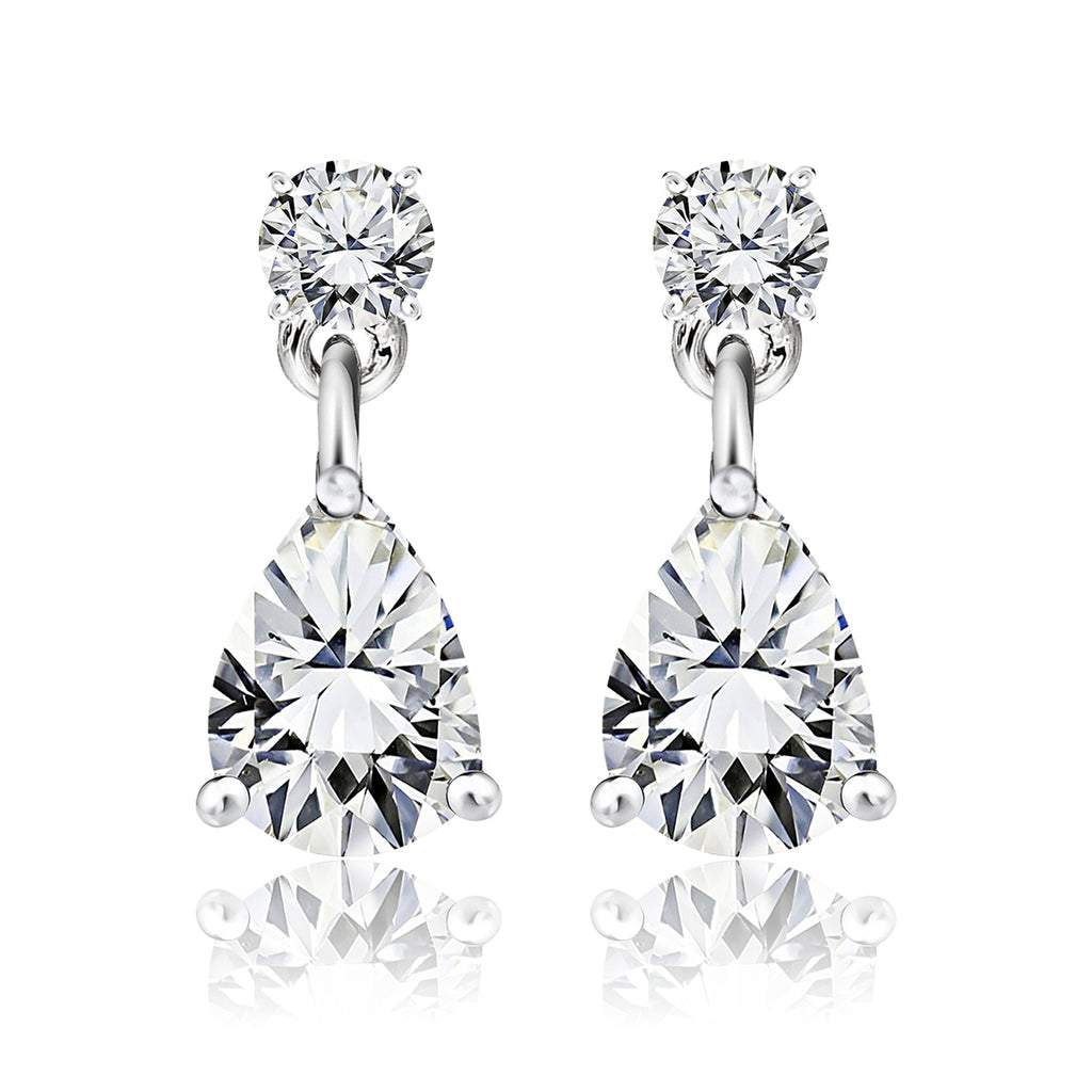 Classic 2.5 Carat Round and Pear Cut Dangle Moissanite Earrings in 18k White Gold over Silver, Women
