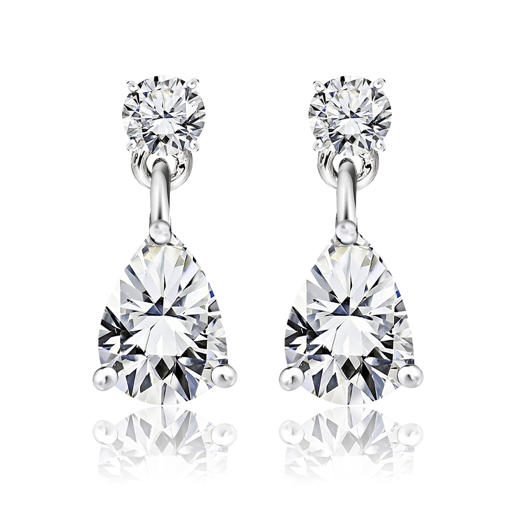 Classic 2.5 Carat Round and Pear Cut Dangle Moissanite Earrings in 18k White Gold over Silver, Women