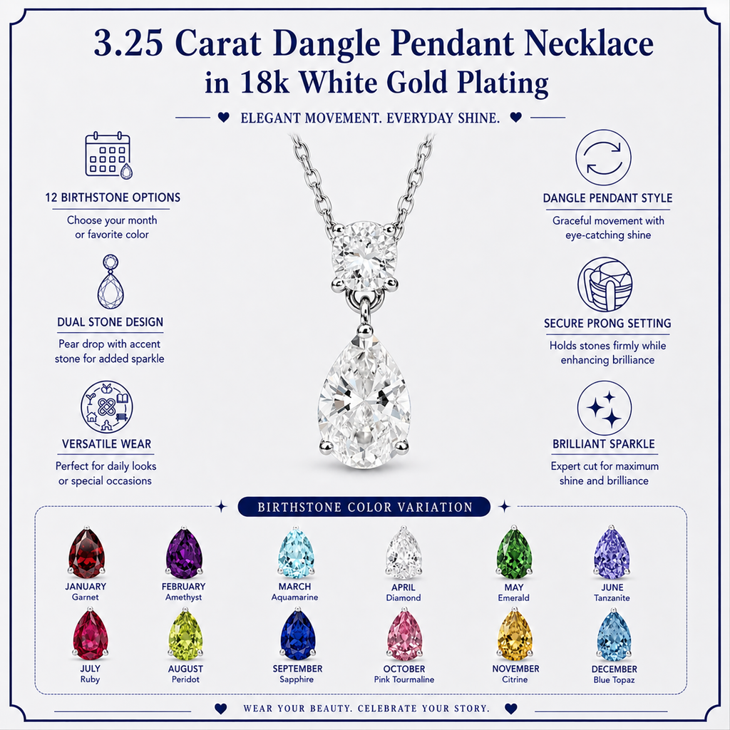 JeenMata 3.25 Carat Cubic Zirconia April Birthstone - Round and Pear Cut Dangle Pendant Necklace in 18k White Gold Plated for Women