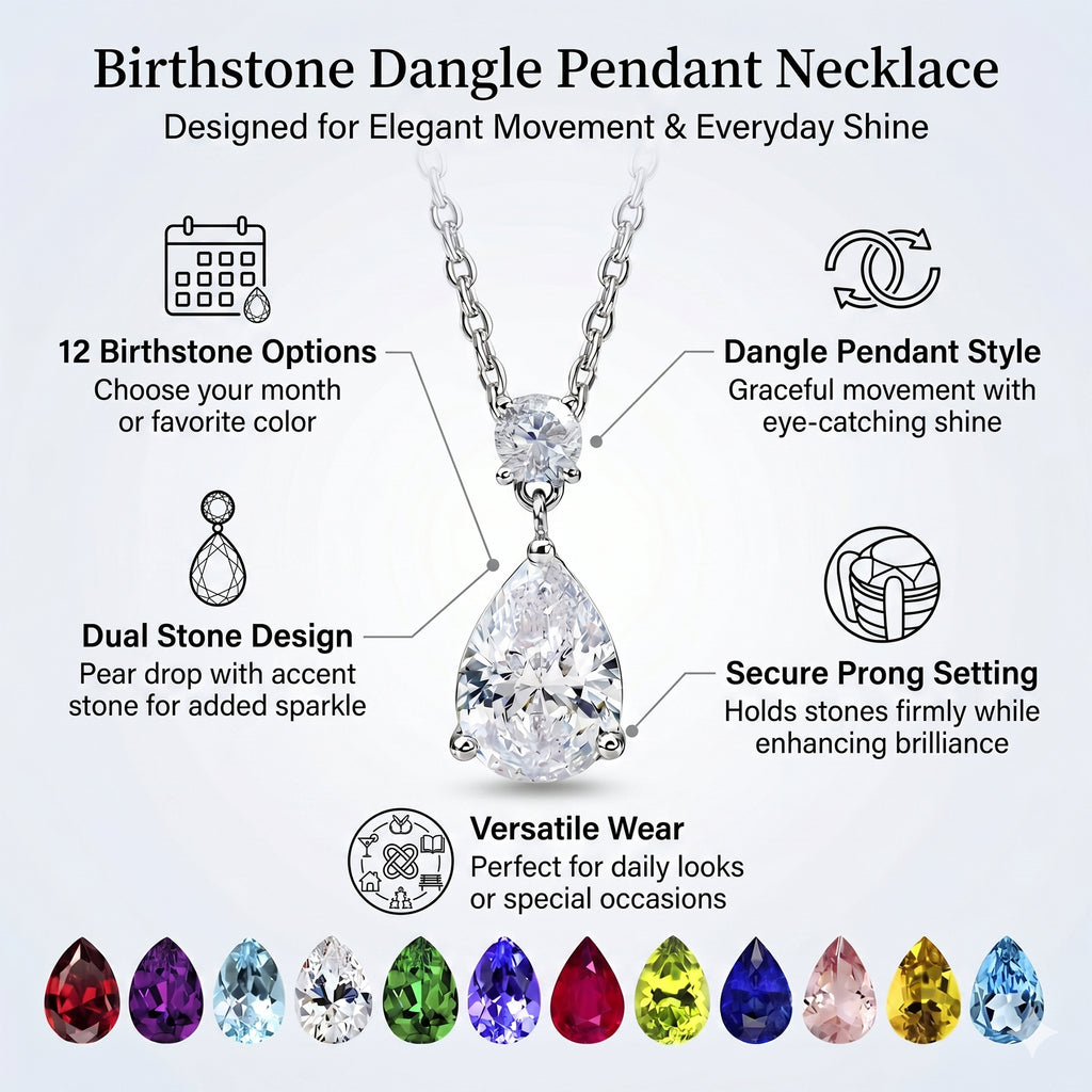 JeenMata 3.25 Carat Garnet January Birthstone - Round and Pear Cut Dangle Pendant Necklace in 18k White Gold Plated for Women