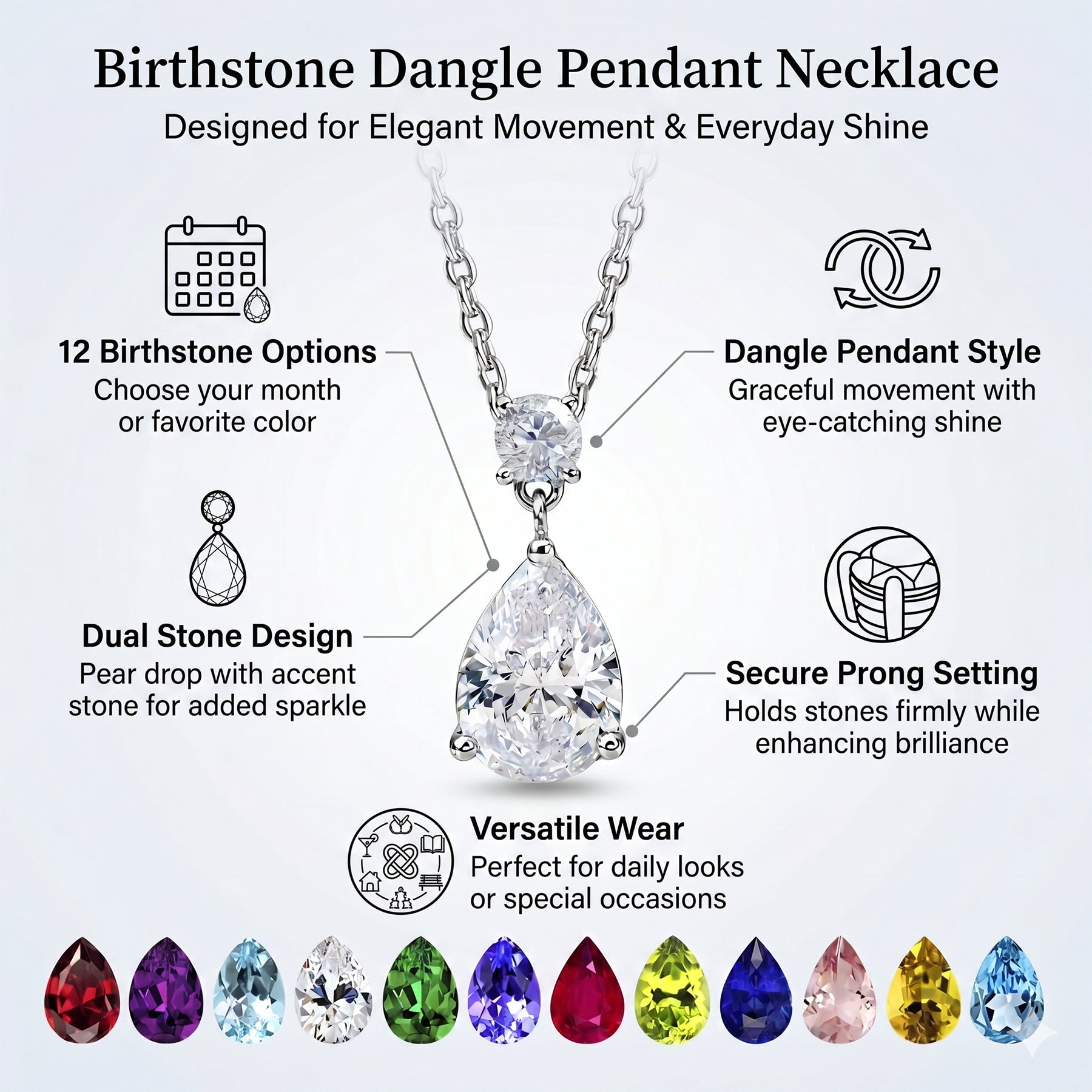 JeenMata 3.25 Carat Garnet January Birthstone - Round and Pear Cut Dangle Pendant Necklace in 18k White Gold Plated for Women