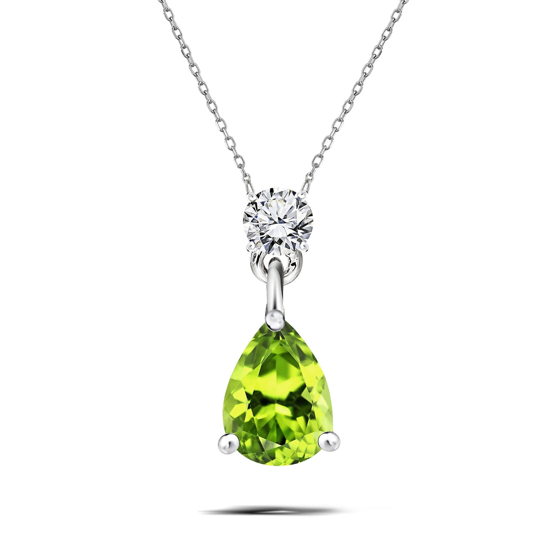 Classic 1.75 Carat Round and Pear Cut Dangle - SWAROVSKI Peridot - August Birthstone Pendant Necklace in 18k White Gold over Silver, Women