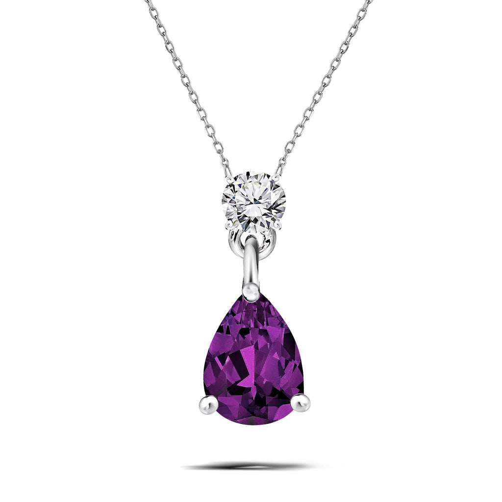 Classic 1.75 Carat Round and Pear Cut Dangle - SWAROVSKI Amethyst - February Birthstone Pendant Necklace in 18k White Gold over Silver, Women