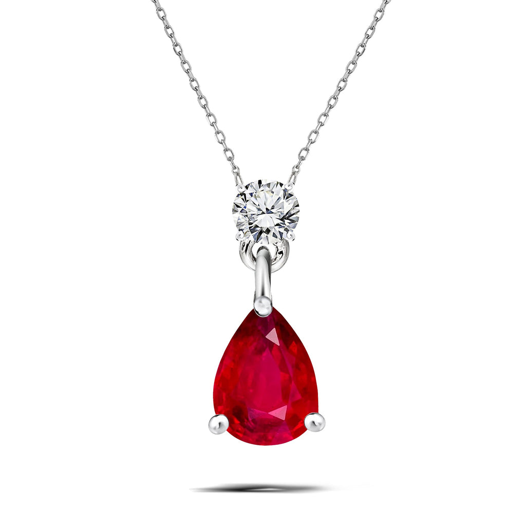 Classic 1.75 Carat Round and Pear Cut Dangle - SWAROVSKI Ruby - July Birthstone Pendant Necklace in 18k White Gold over Silver, Women