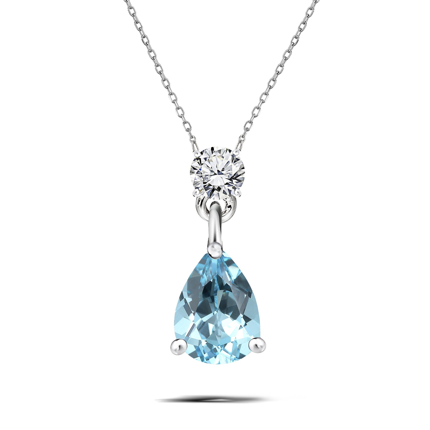 Classic 1.75 Carat Round and Pear Cut Dangle - SWAROVSKI Aquamarine - March Birthstone Pendant Necklace in 18k White Gold over Silver, Women