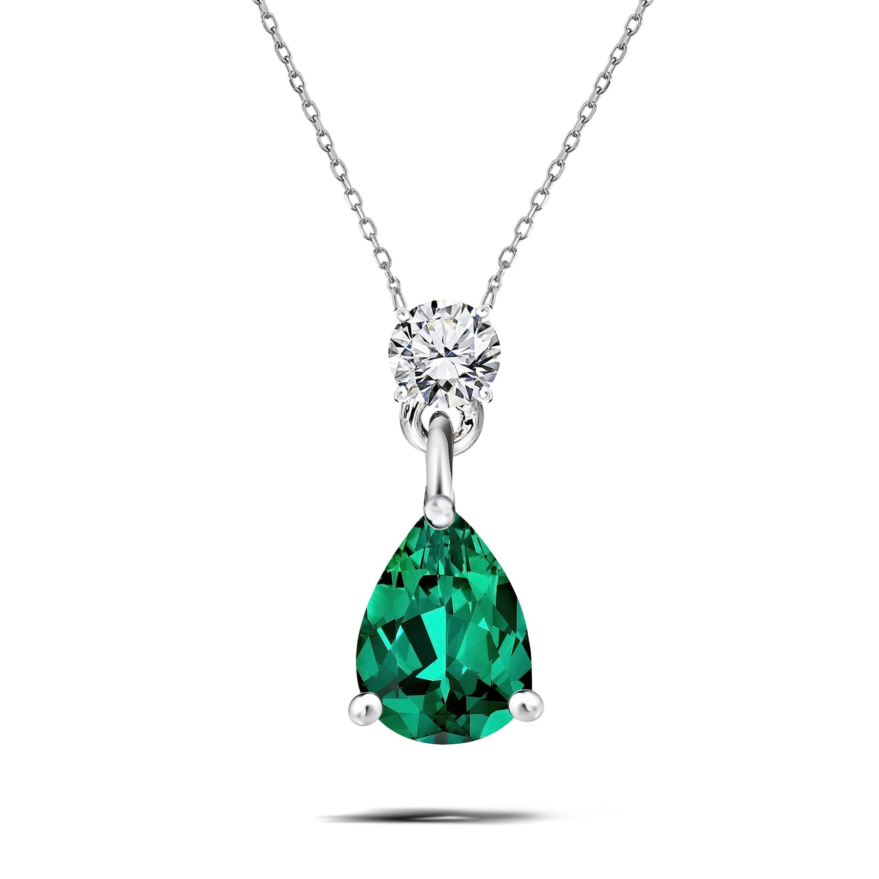 Classic 1.75 Carat Round and Pear Cut Dangle - SWAROVSKI Emerald - May Birthstone Pendant Necklace in 18k White Gold over Silver, Women