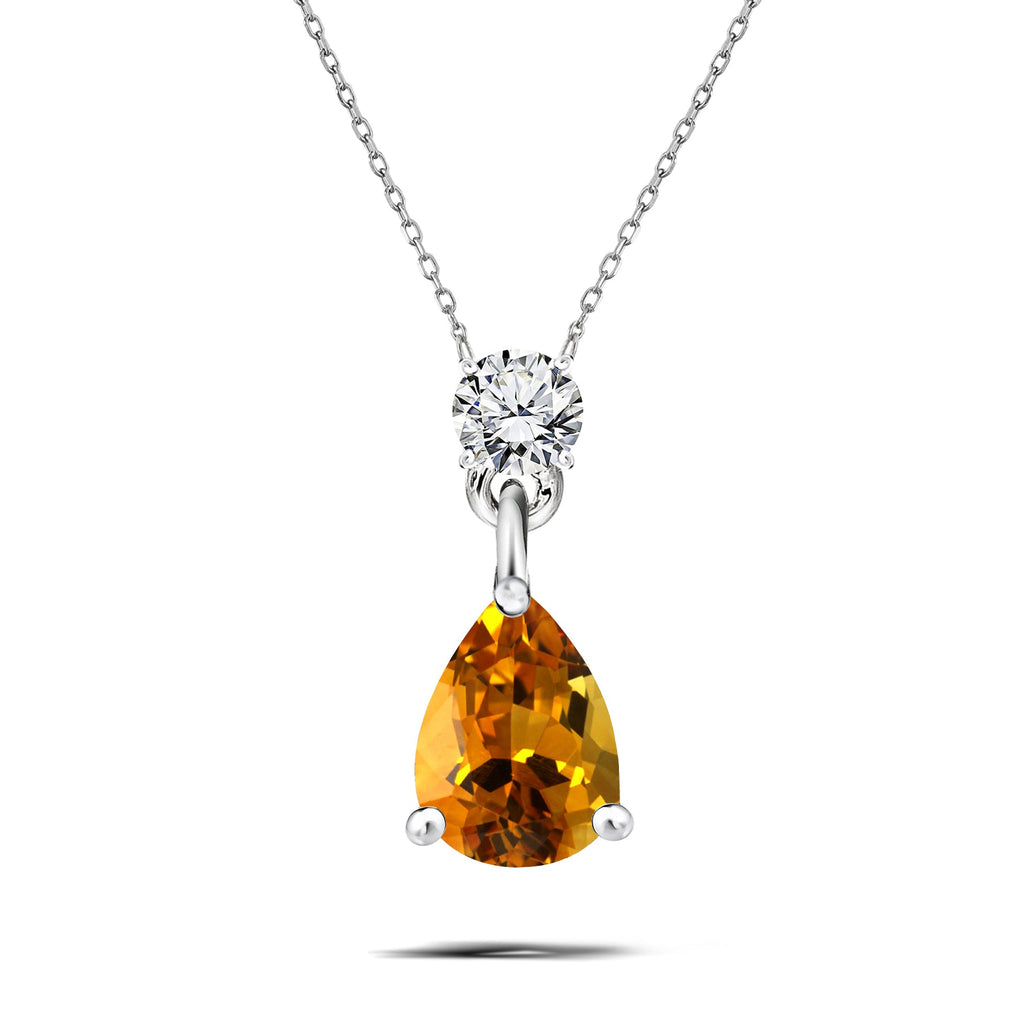 Classic 1.75 Carat Round and Pear Cut Dangle - SWAROVSKI Citrine - November Birthstone Pendant Necklace in 18k White Gold over Silver, Women