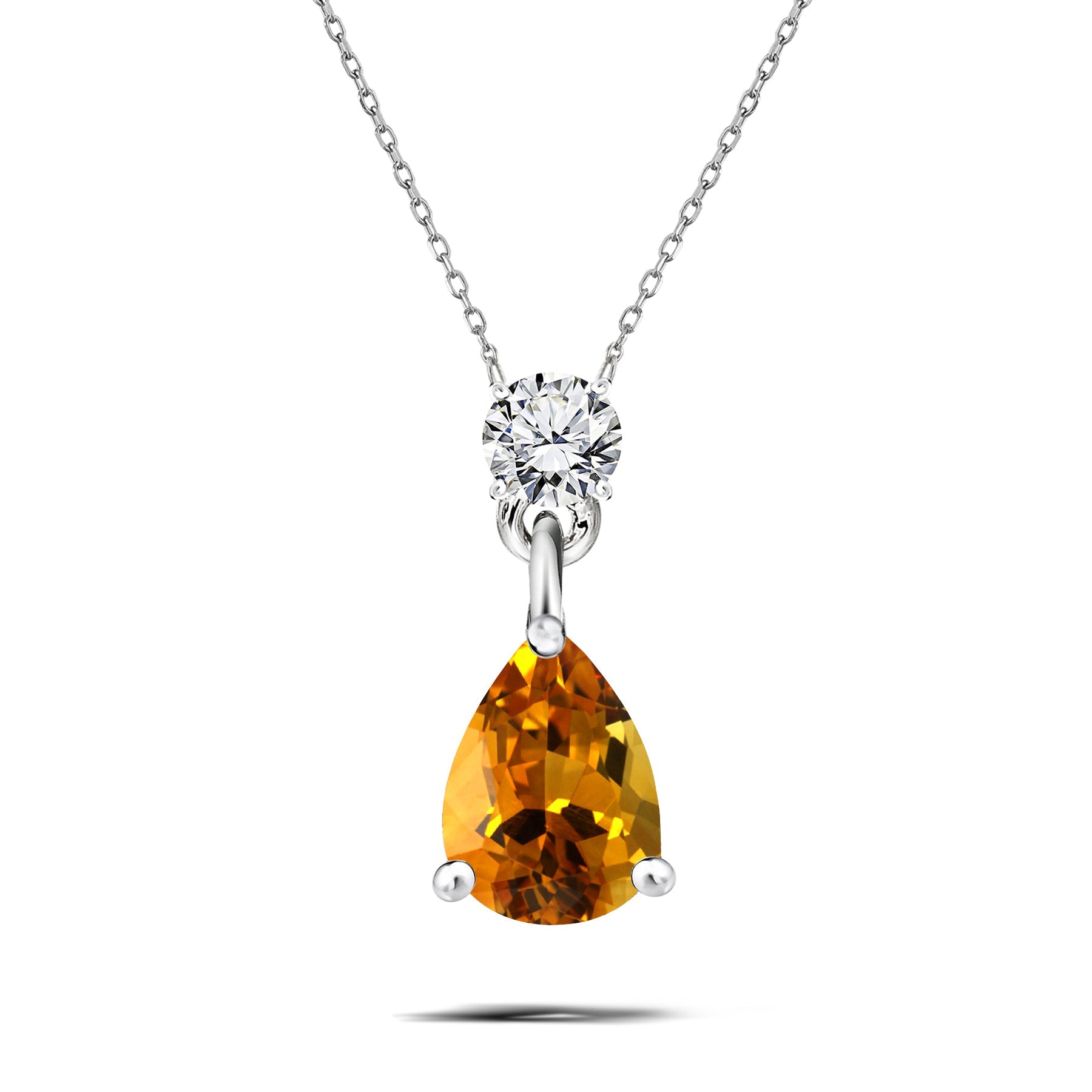 Classic 1.75 Carat Round and Pear Cut Dangle - SWAROVSKI Citrine - November Birthstone Pendant Necklace in 18k White Gold over Silver, Women