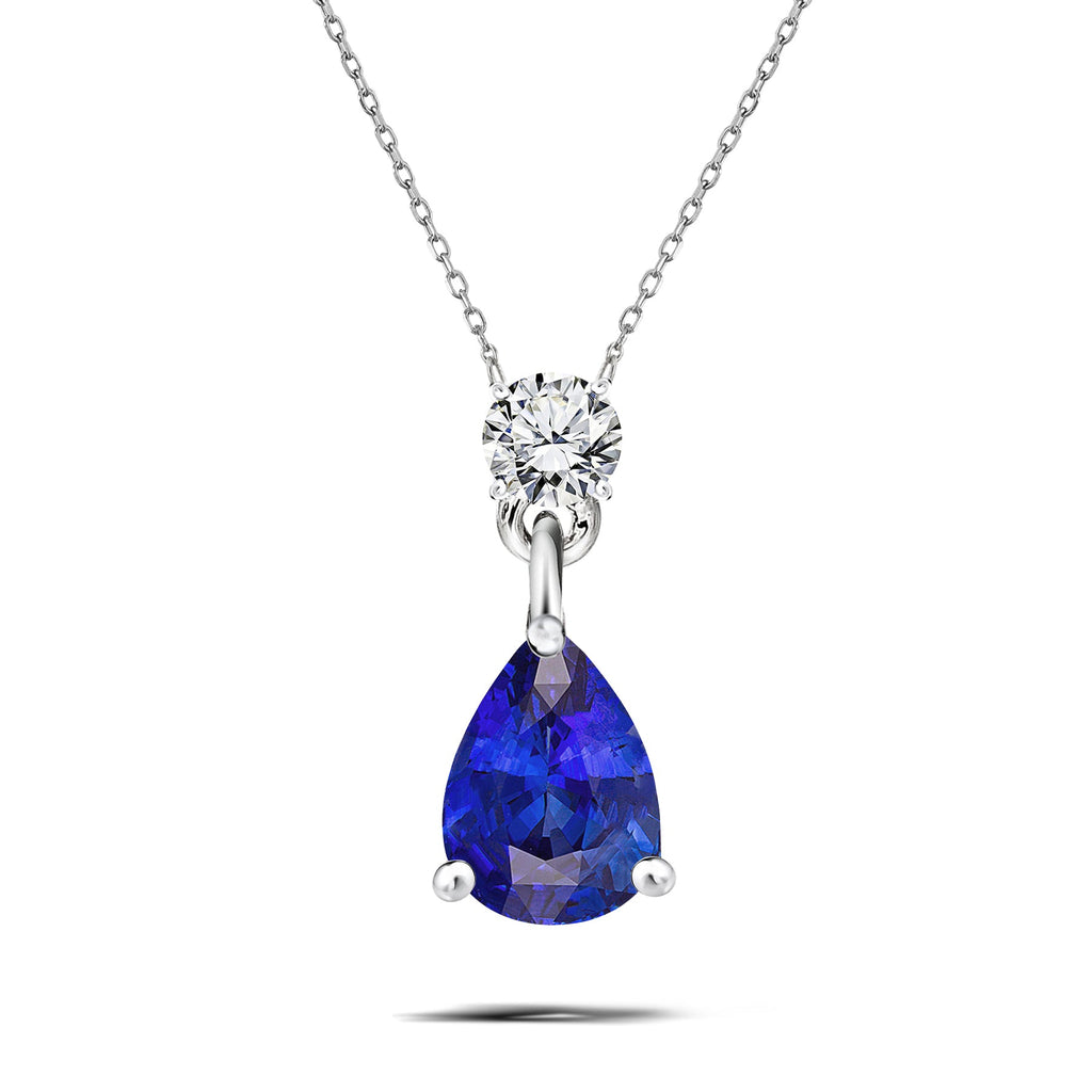 Classic 1.75 Carat Round and Pear Cut Dangle - SWAROVSKI Blue Sapphire - September Birthstone Pendant Necklace in 18k White Gold over Silver, Women