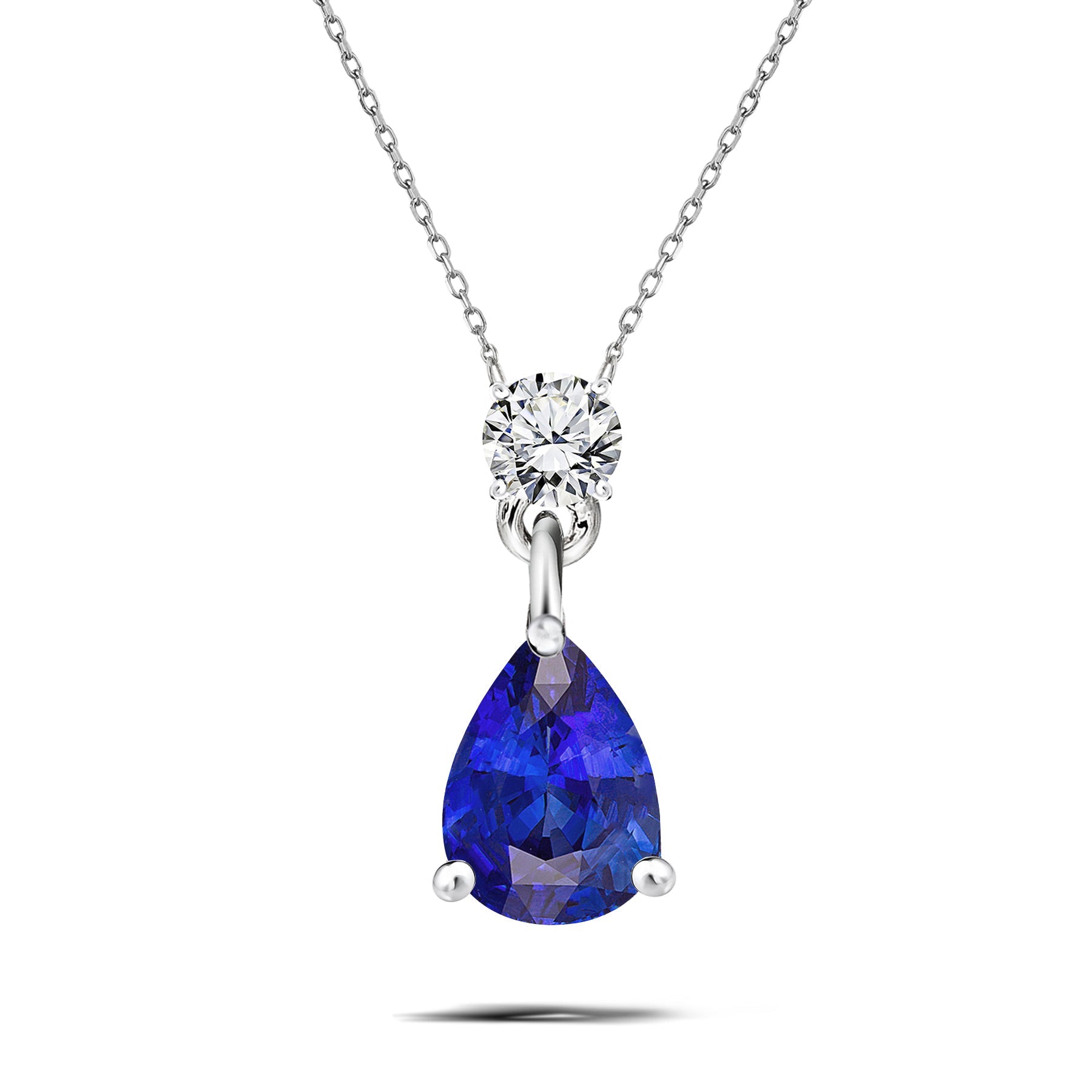 Classic 1.75 Carat Round and Pear Cut Dangle - SWAROVSKI Blue Sapphire - September Birthstone Pendant Necklace in 18k White Gold over Silver, Women