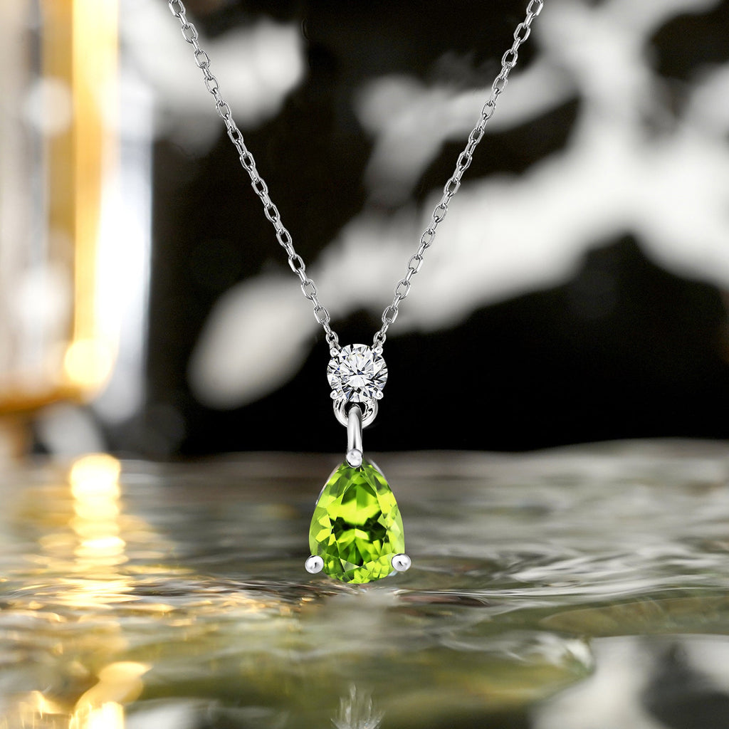 Classic 1.75 Carat Round and Pear Cut Dangle - SWAROVSKI Peridot - August Birthstone Pendant Necklace in 18k White Gold over Silver, Women