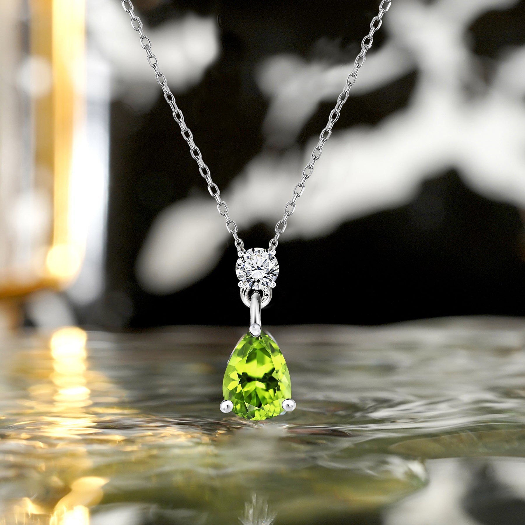 Classic 1.75 Carat Round and Pear Cut Dangle - SWAROVSKI Peridot - August Birthstone Pendant Necklace in 18k White Gold over Silver, Women