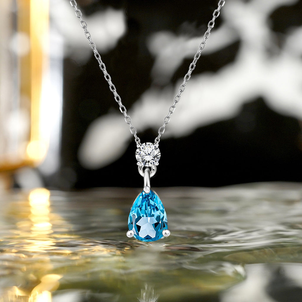 Classic 1.75 Carat Round and Pear Cut Dangle - SWAROVSKI Blue Topaz - December Birthstone Pendant Necklace in 18k White Gold over Silver, Women