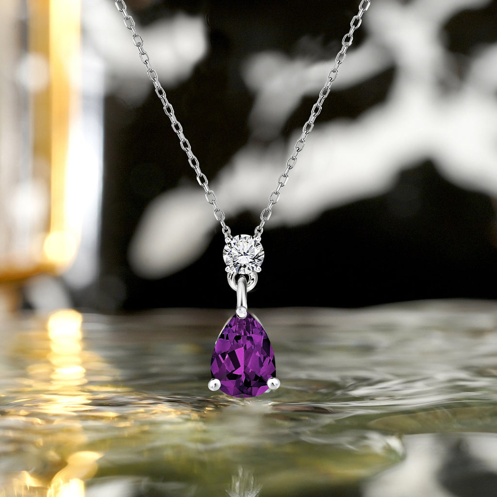 Classic 1.75 Carat Round and Pear Cut Dangle - SWAROVSKI Amethyst - February Birthstone Pendant Necklace in 18k White Gold over Silver, Women