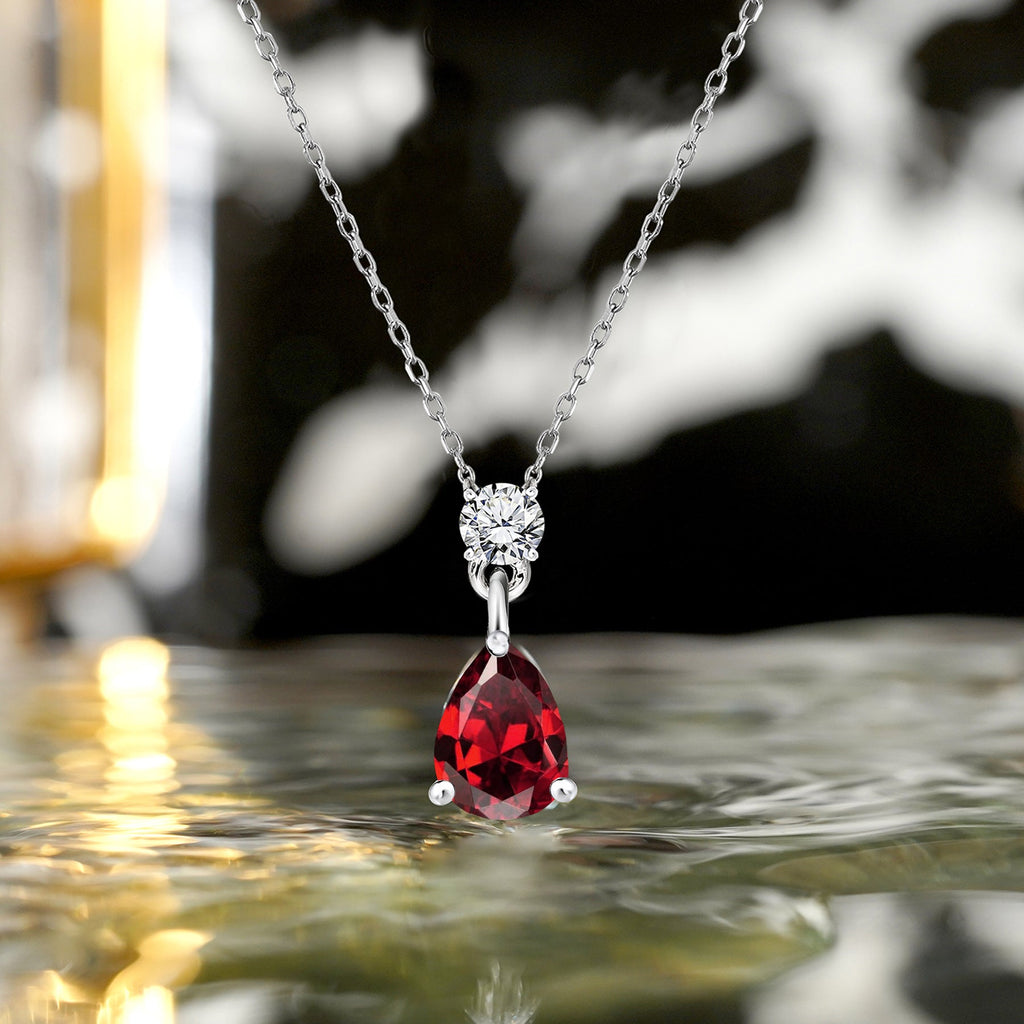 Classic 1.75 Carat Round and Pear Cut Dangle - SWAROVSKI Garnet - January Birthstone Pendant Necklace in 18k White Gold over Silver, Women