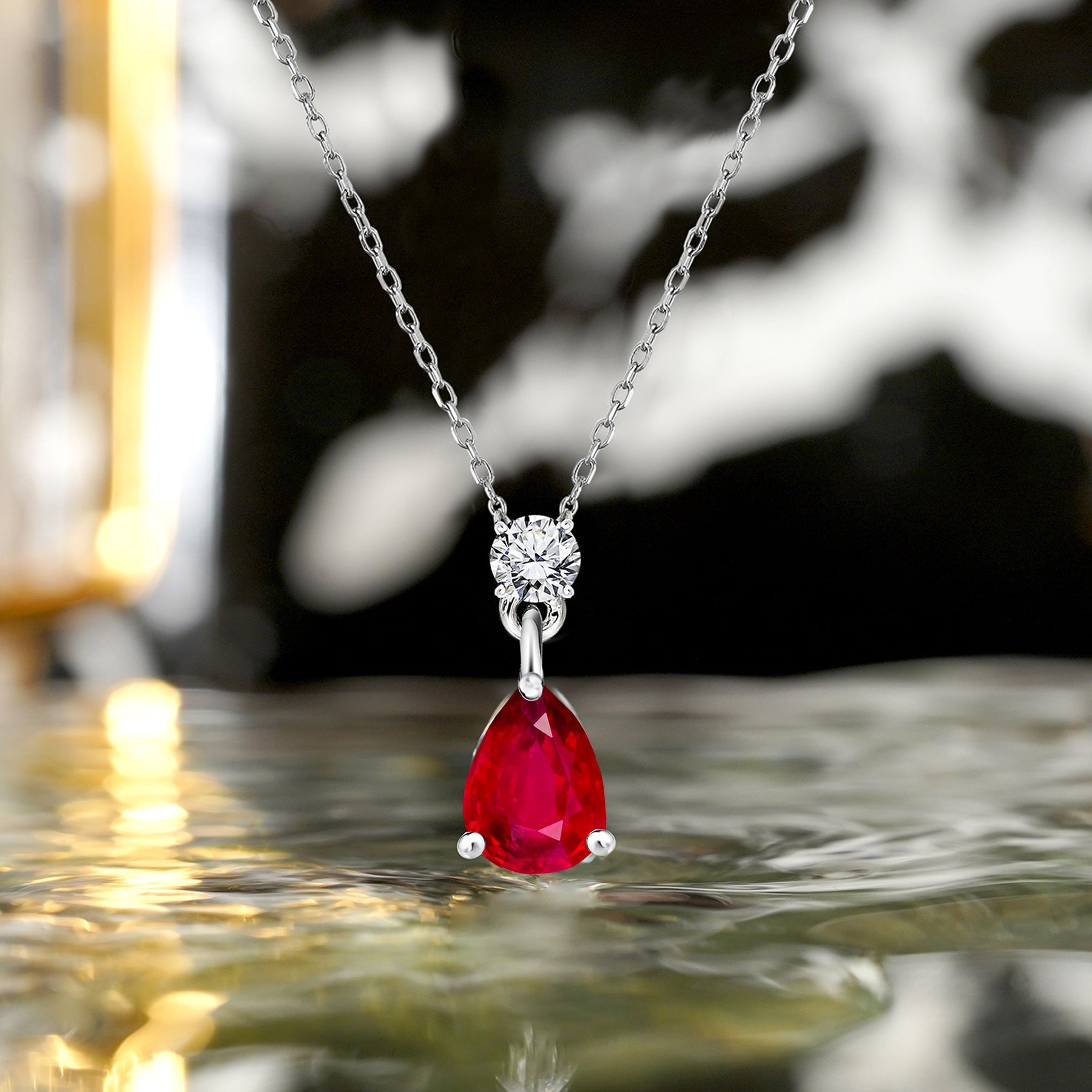 Classic 1.75 Carat Round and Pear Cut Dangle - SWAROVSKI Ruby - July Birthstone Pendant Necklace in 18k White Gold over Silver, Women