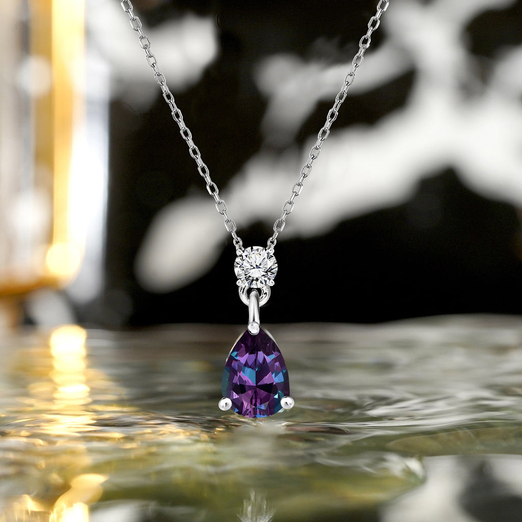 Classic 1.75 Carat Round and Pear Cut Dangle - SWAROVSKI Alexandrite - June Birthstone Pendant Necklace in 18k White Gold over Silver, Women
