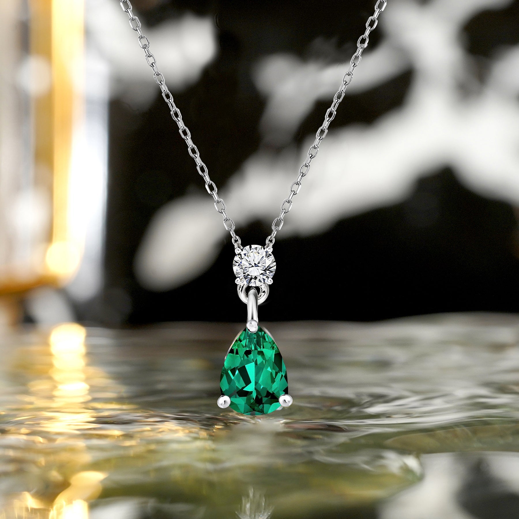 Classic 1.75 Carat Round and Pear Cut Dangle - SWAROVSKI Emerald - May Birthstone Pendant Necklace in 18k White Gold over Silver, Women