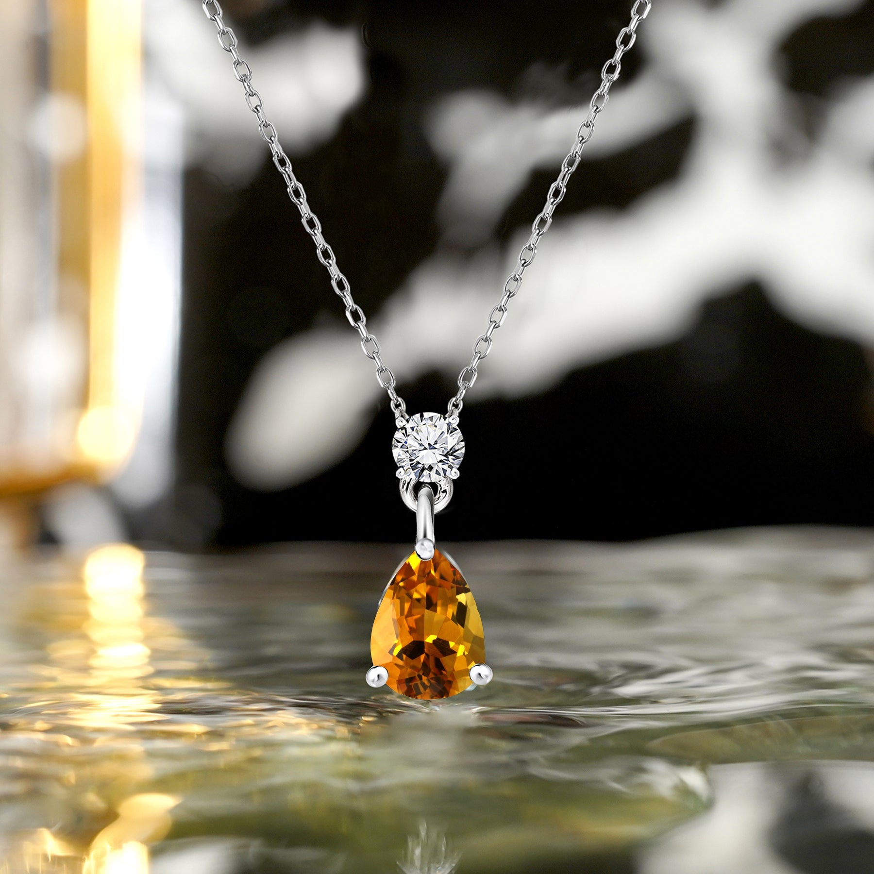 Classic 1.75 Carat Round and Pear Cut Dangle - SWAROVSKI Citrine - November Birthstone Pendant Necklace in 18k White Gold over Silver, Women