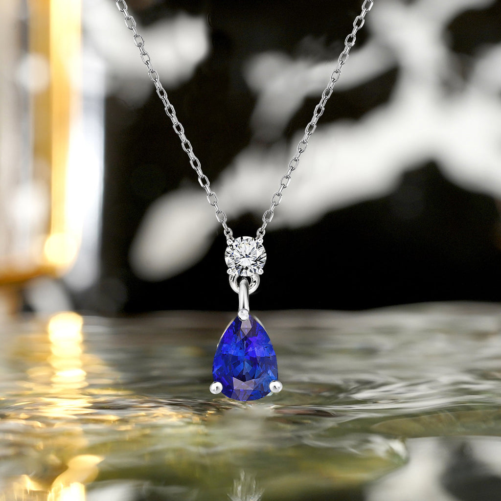 Classic 1.75 Carat Round and Pear Cut Dangle - SWAROVSKI Blue Sapphire - September Birthstone Pendant Necklace in 18k White Gold over Silver, Women