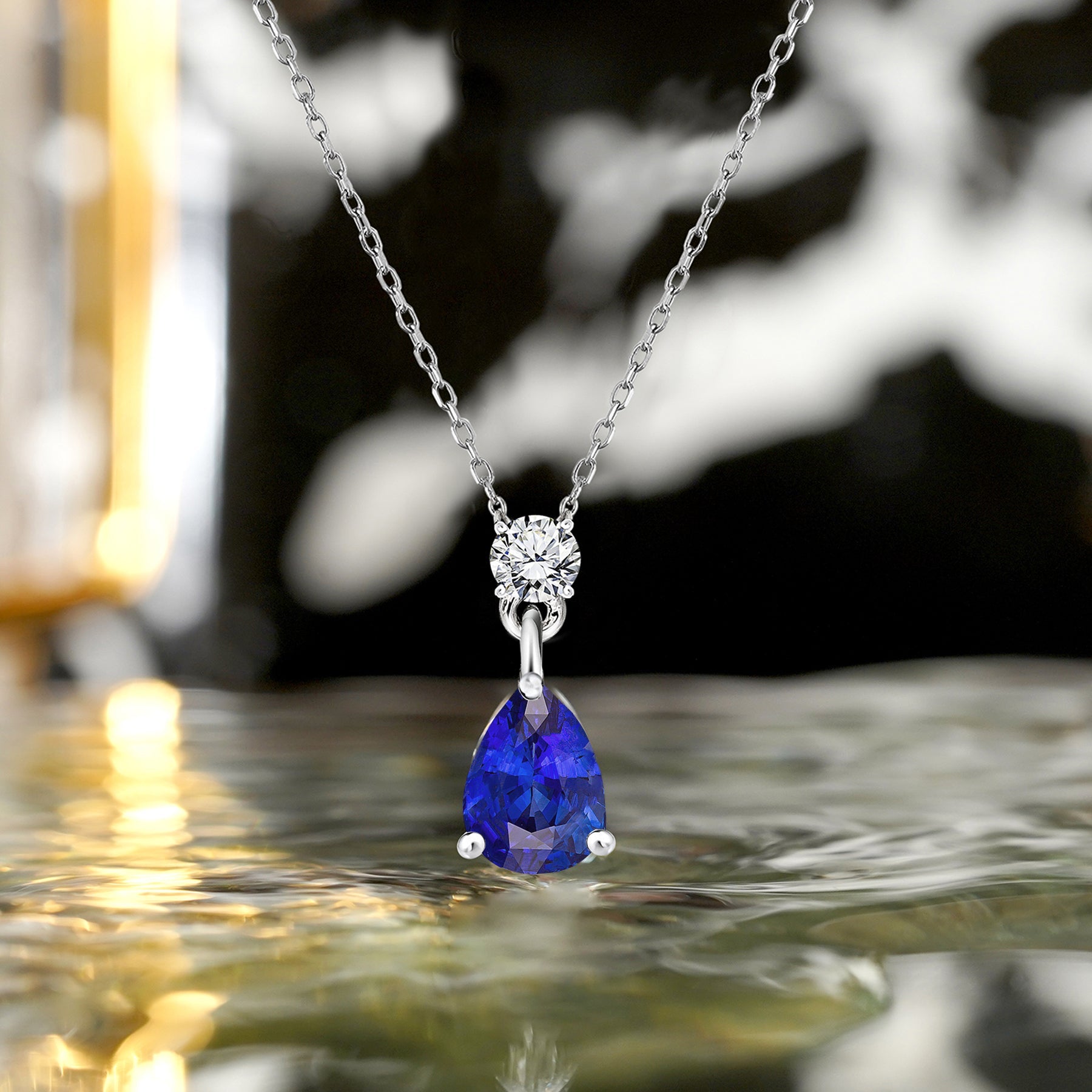 Classic 1.75 Carat Round and Pear Cut Dangle - SWAROVSKI Blue Sapphire - September Birthstone Pendant Necklace in 18k White Gold over Silver, Women